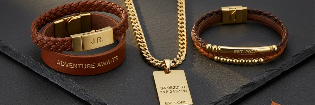 Personalisierte Geschenke für Männer: Lederarmband mit Gravur, Cuban Link Halskette und Koordinaten-Armband von YadaCreation