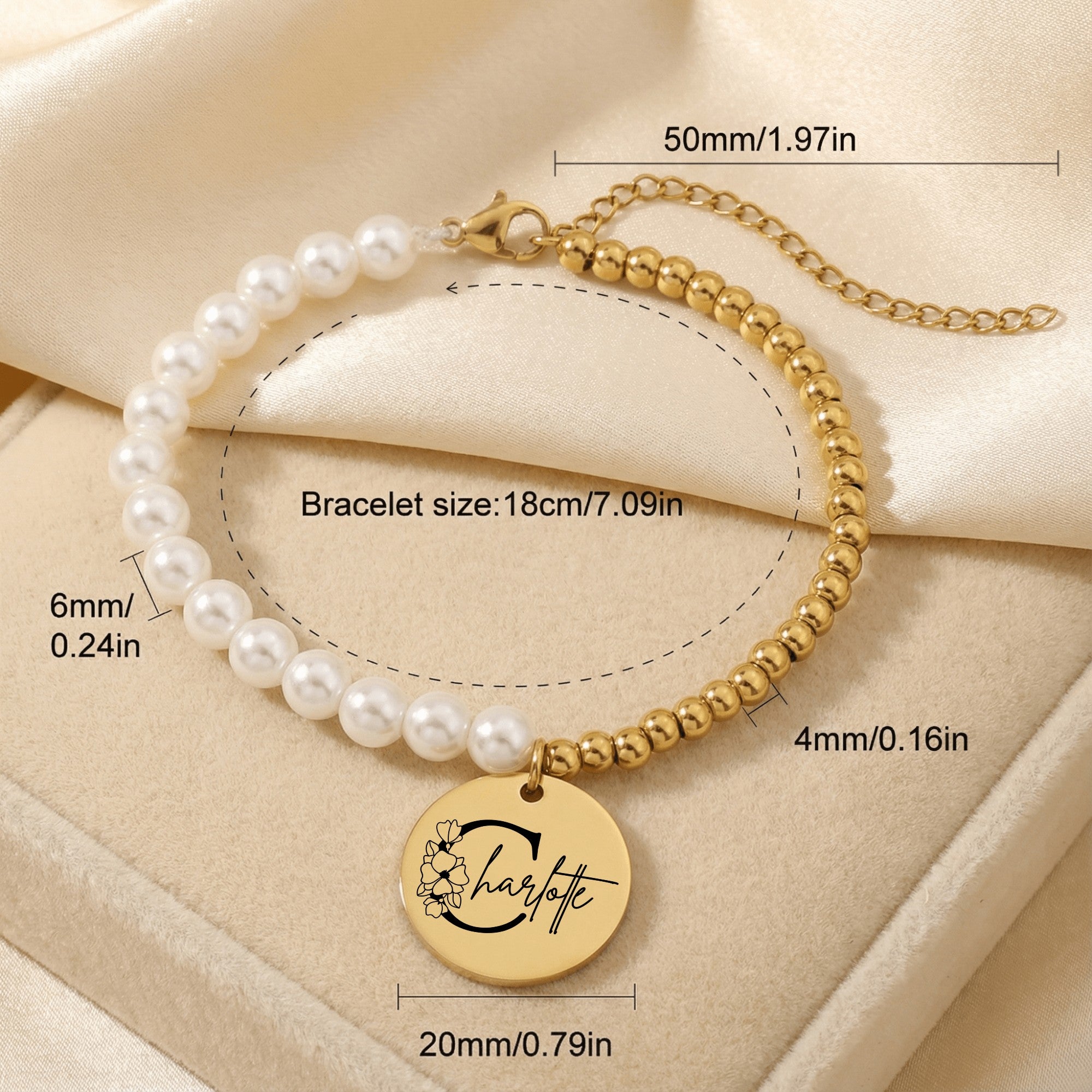 Maßangaben personalisiertes Namensarmband – Perlen- und Goldkugelarmband 18 cm mit 20 mm Anhänger