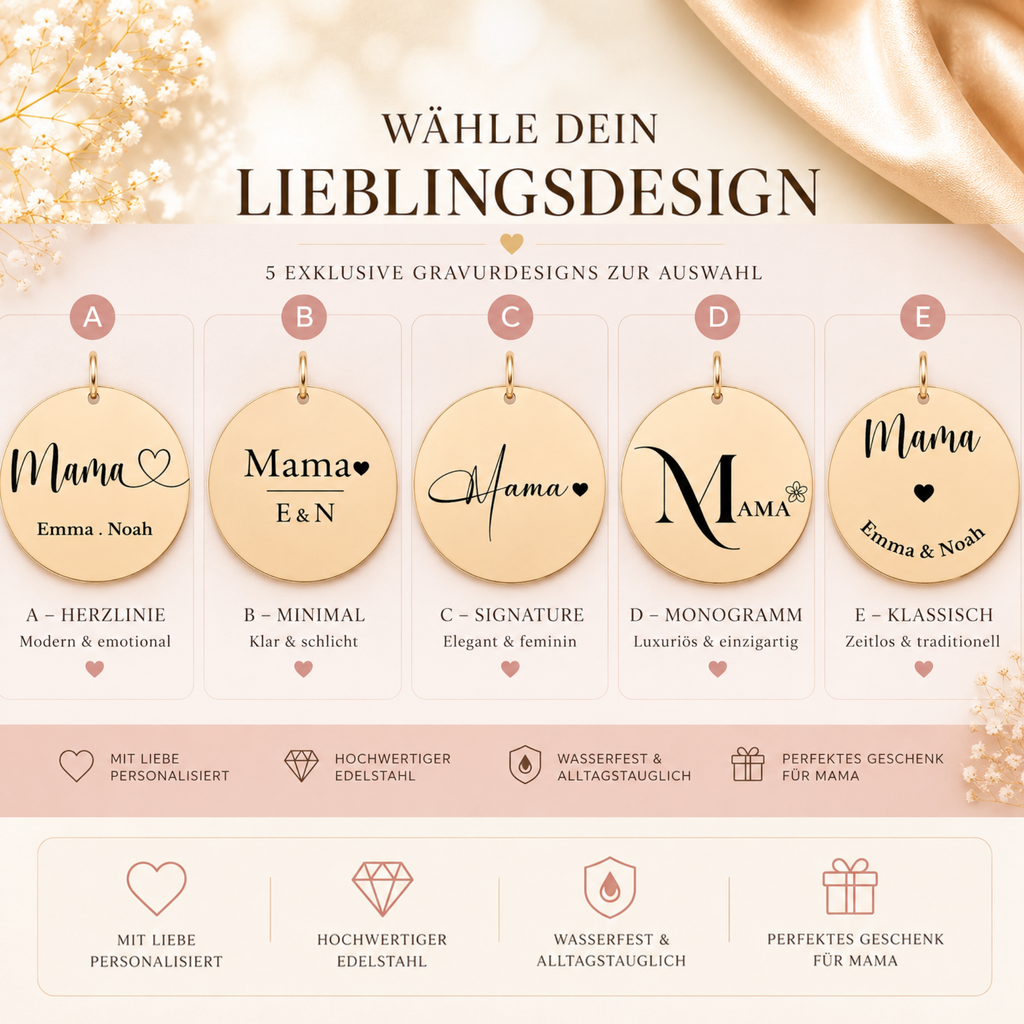 Designs-Übersicht Vier Gravurdesigns für das Mama-Armband – Übersicht der Personalisierungsoptionen