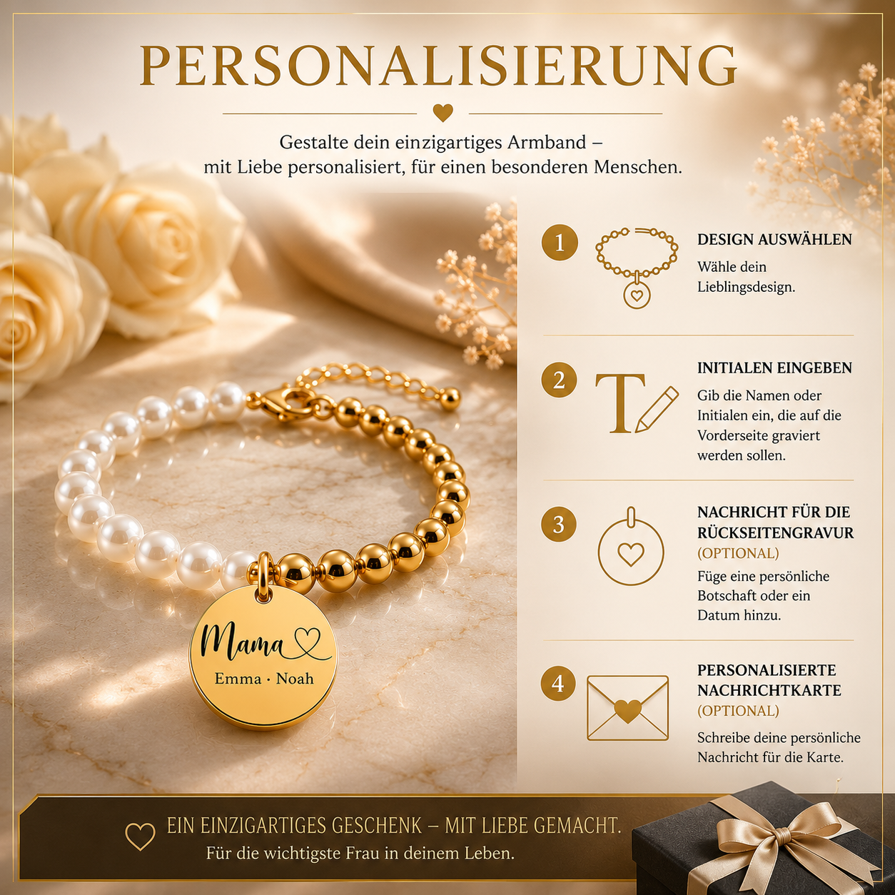 Personalisierungsanleitung: Design wählen, Namen eingeben, Rückseitengravur und Nachrichtkarte für das Mama-Armband