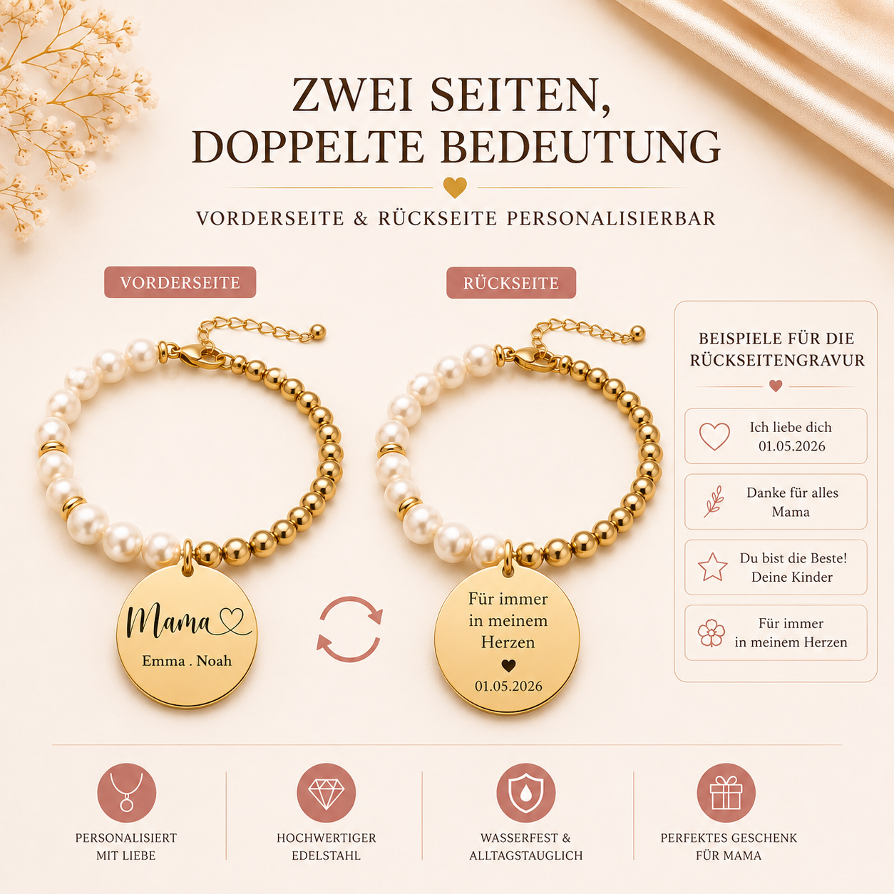 Rückseite des personalisierten Mama-Armbands mit optionaler Gravur