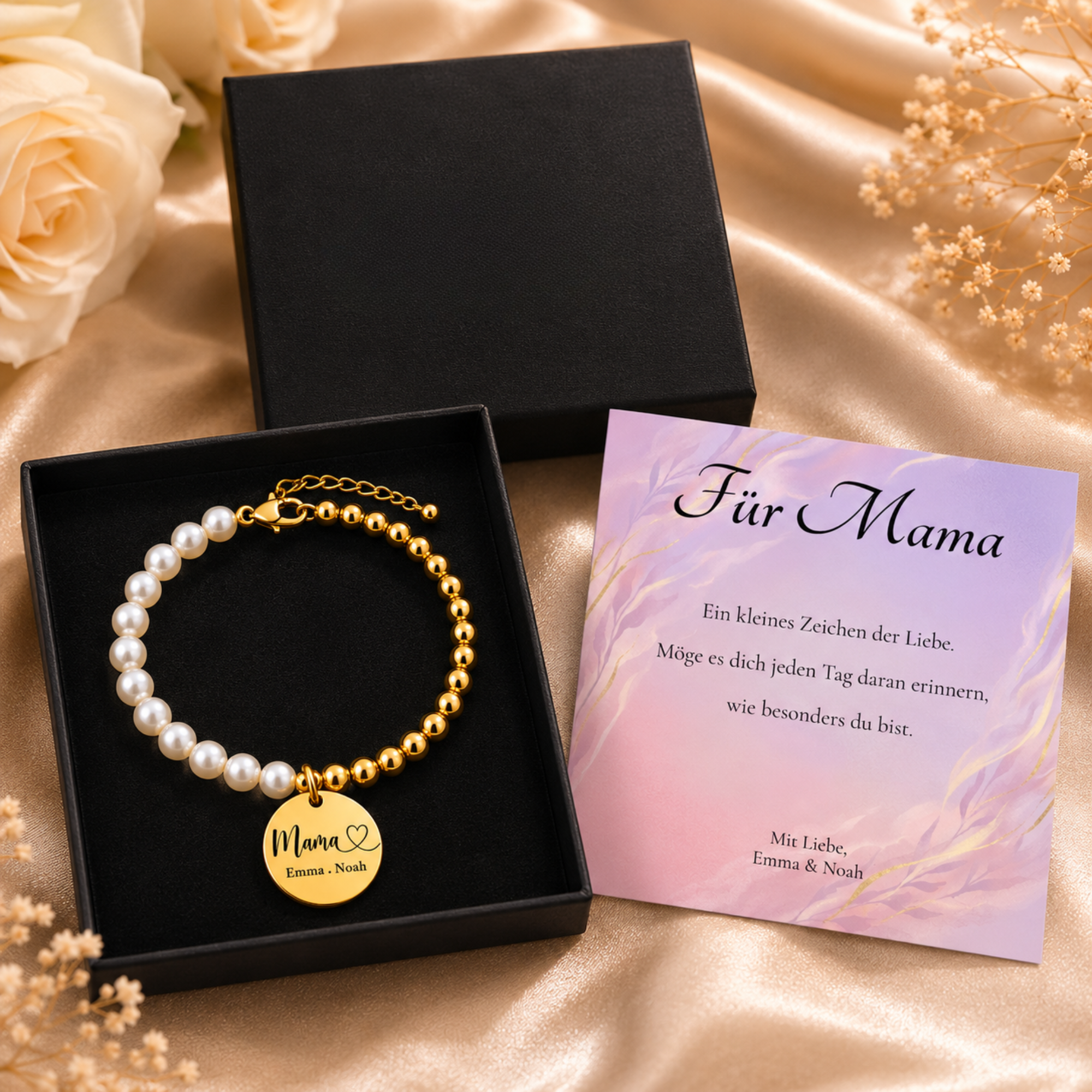 Personalisiertes Mama-Armband in schwarzer Geschenkbox mit handgeschriebener Nachrichtkarte – Geschenk zum Muttertag