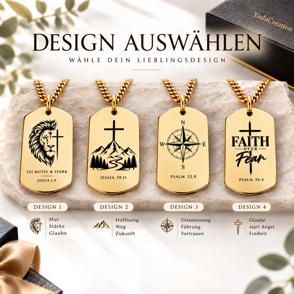 Christliche Cuban Kette Designauswahl – Löwe, Kreuz, Kompass, Faith over Fear