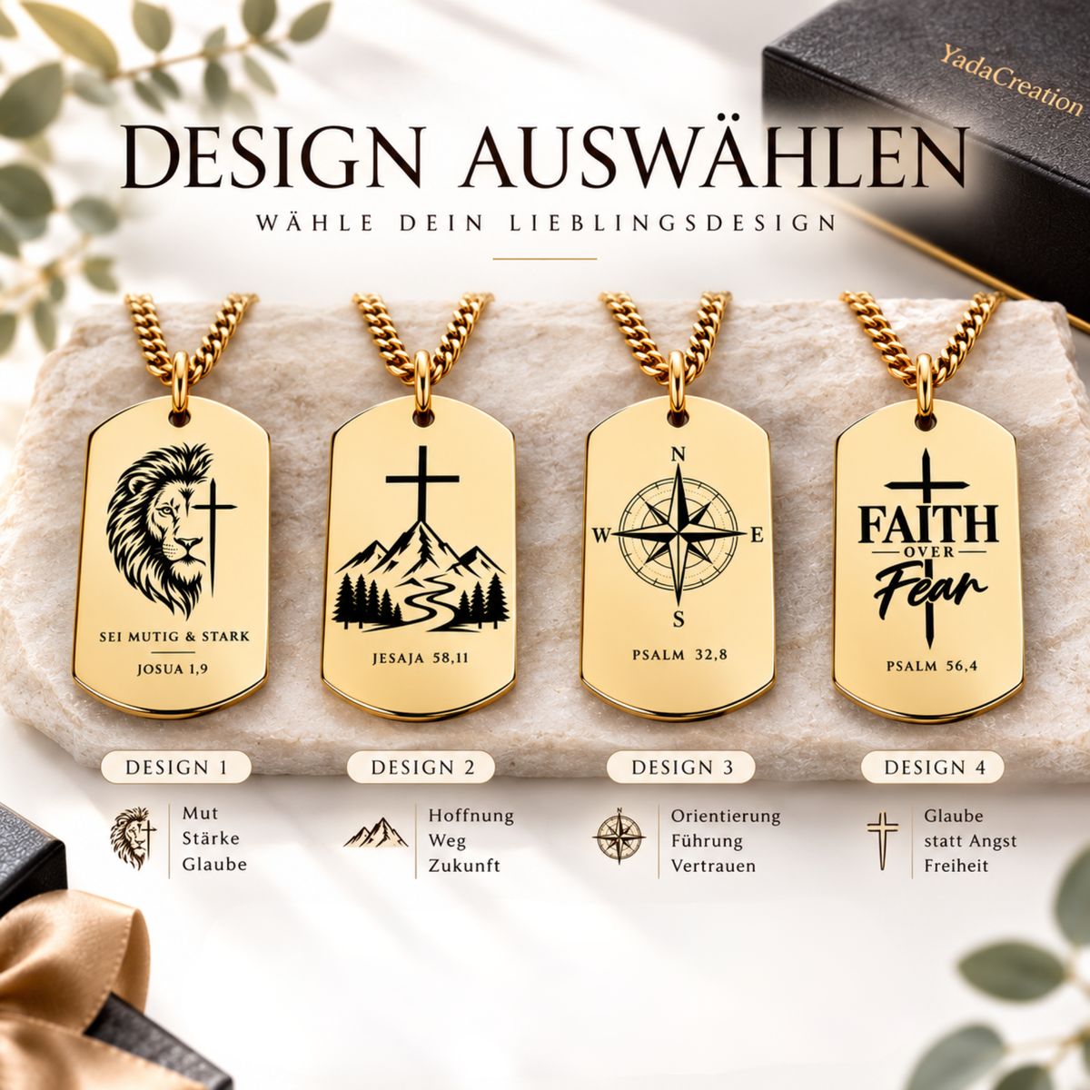 Christliche Cuban Kette Designauswahl – Löwe, Kreuz, Kompass, Faith over Fear