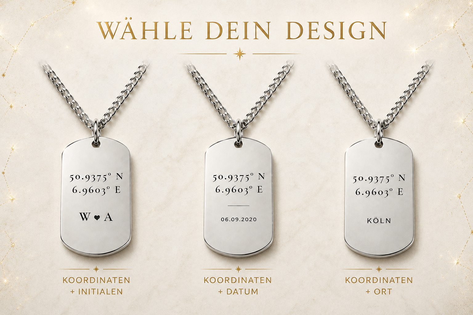 Design-Auswahl für Koordinaten Halskette – Initialen, Datum oder Ortsname gravieren lassen