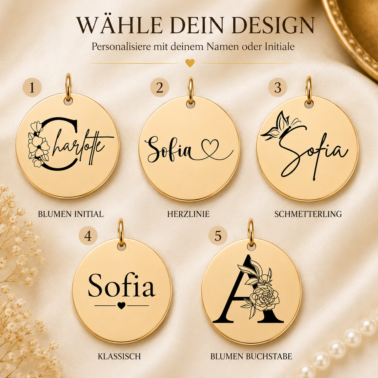 Designauswahl für personalisiertes Damenarmband – fünf exklusive Gravur-Designs wählbar