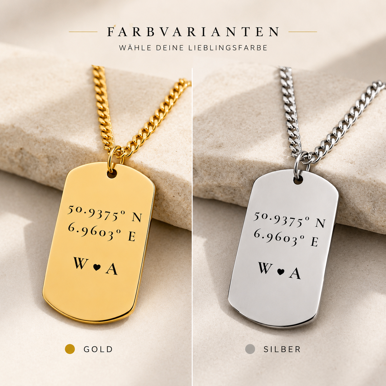 Farbvarianten der Koordinaten Halskette – Gold und Silber Cuban Tag Kette für Männer