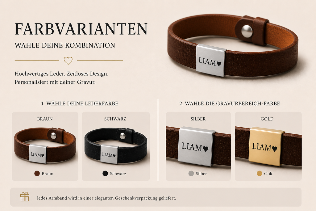 Lederarmband Freund Farbvarianten Braun und Schwarz mit Gravur
