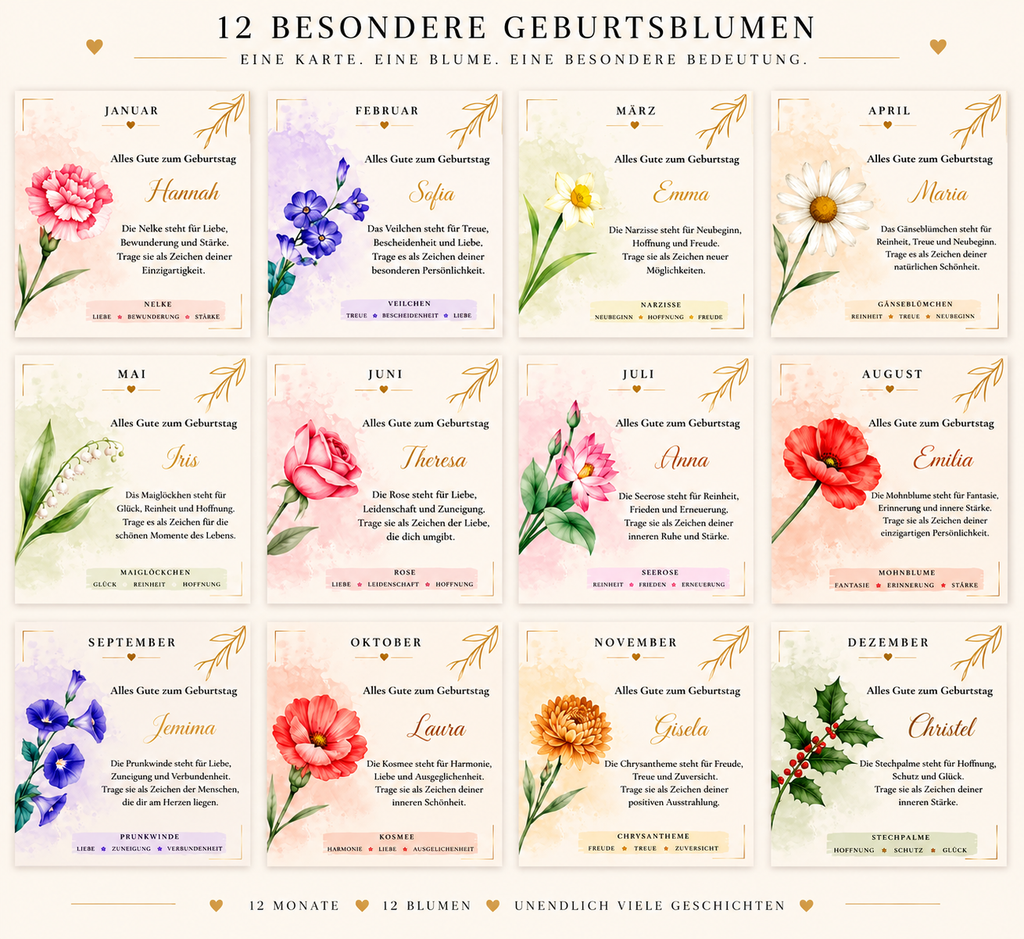 12 Geburtsblumen-Geschenkkarten mit Bedeutung – Nelke, Rose, Seerose und mehr für jeden Monat