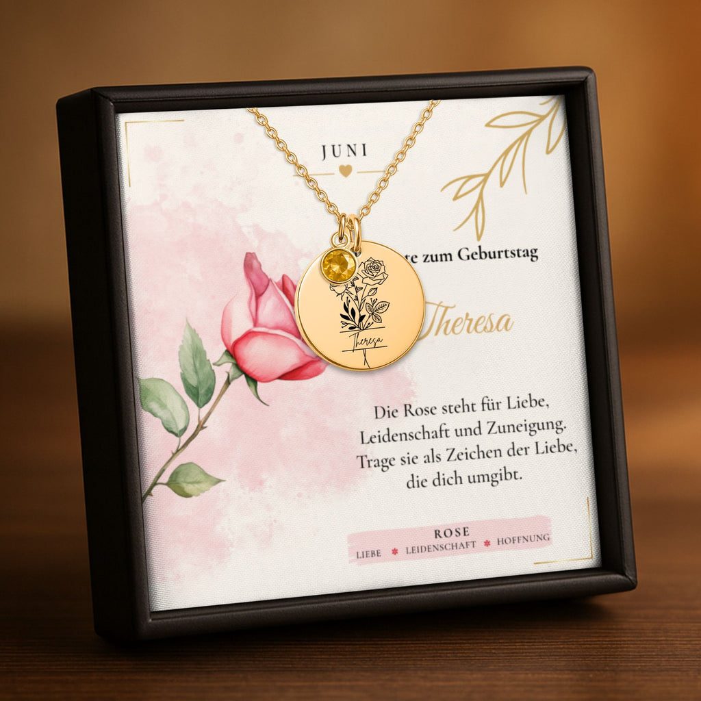 Personalisierte Geburtsstein Kette in Geschenkbox – Juni Rose mit gelbem Stein und Name graviert