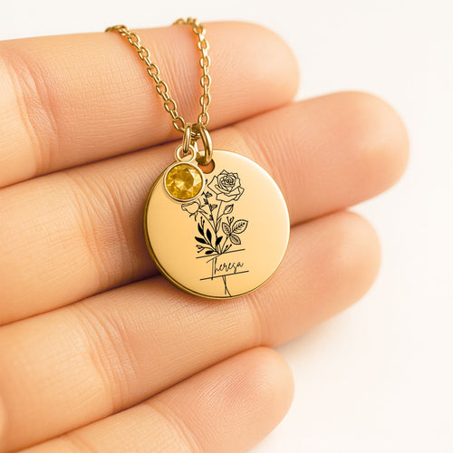 Goldene Kette mit rundem Anhänger, Geburtsblume und Geburtsstein – personalisiertes Geschenk für Frauen
