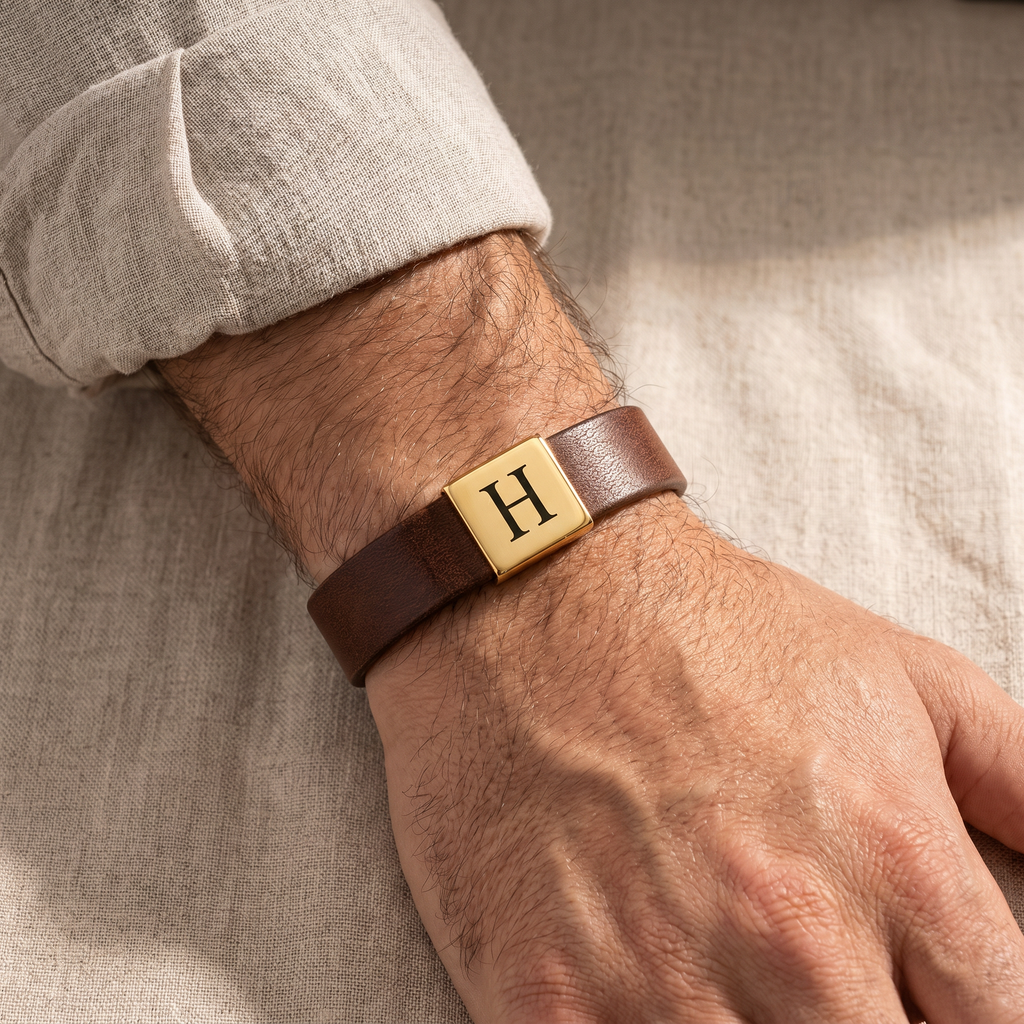 Personalisiertes Lederarmband braun mit Initiale H – 18k Gold Gravurplatte am Handgelenk