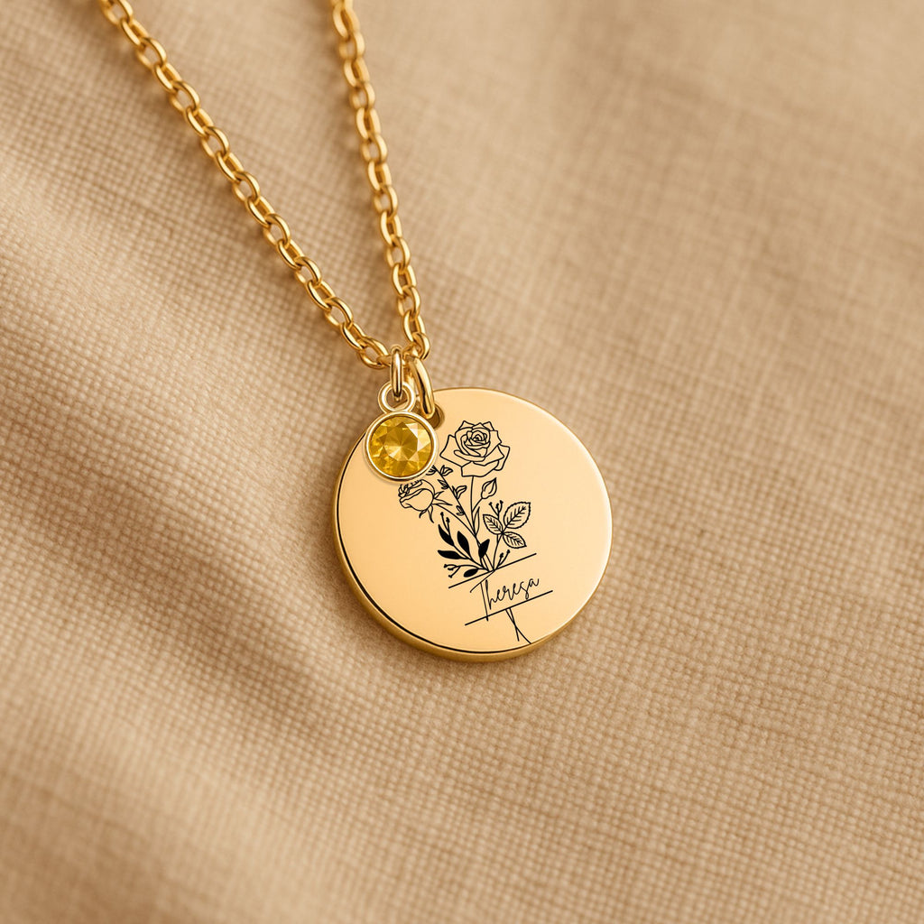 Nahaufnahme personalisierte Geburtsstein Kette mit Rose und gelbem Geburtsstein – Goldkette mit Name Theresa