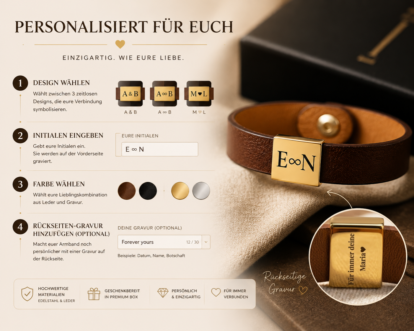 Personalisierungsoptionen Lederarmband für Ehemann
