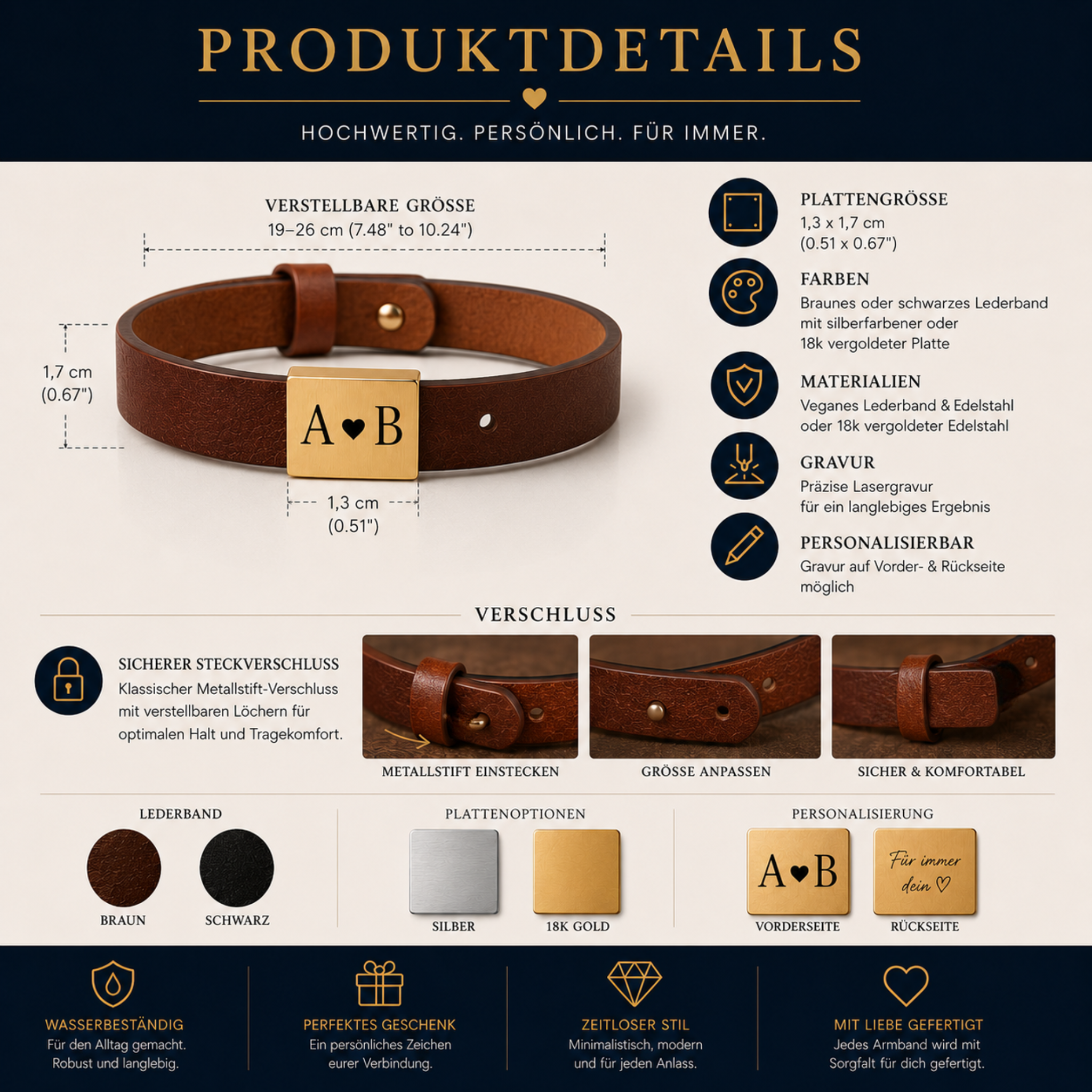 Produktdetails _ Braunes Lederarmband mit goldener Initiale für Männer
