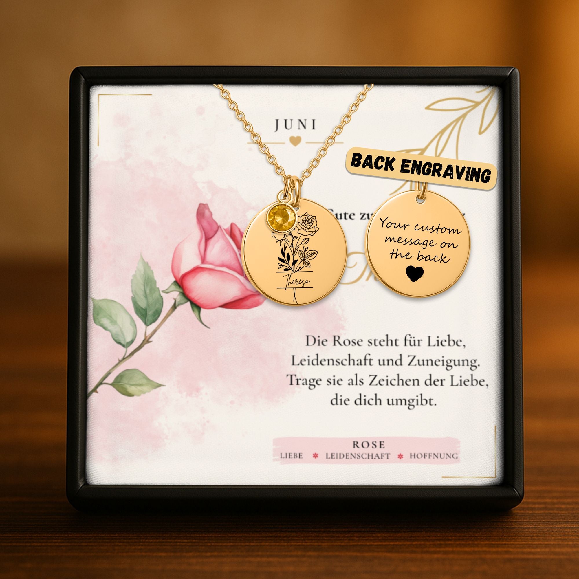 Geburtsstein Kette in Geschenkbox mit Rückseiten-Gravur – individueller Text auf der Rückseite möglich