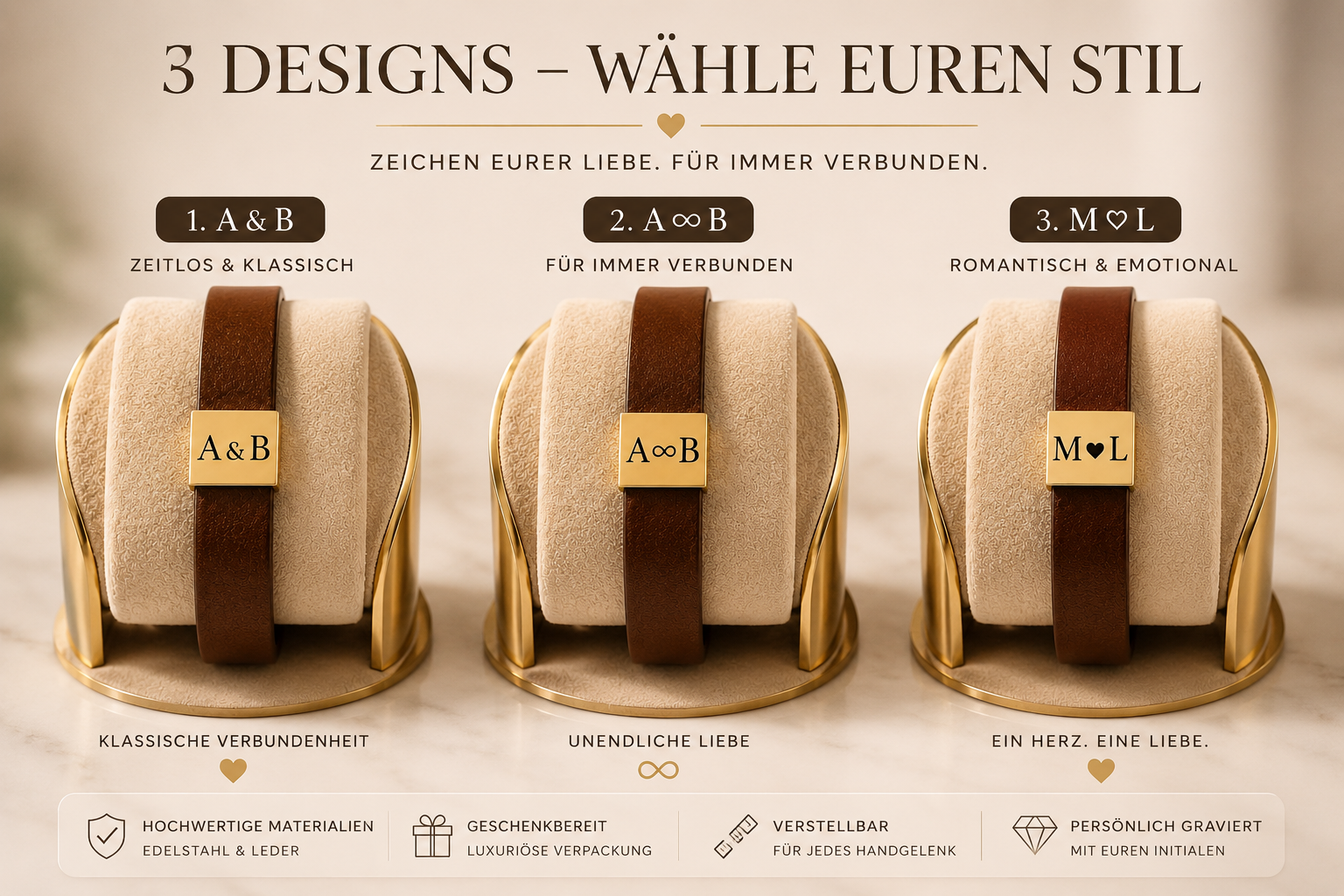 Übersicht personalisiertes Armband für Ehemann aus Leder
