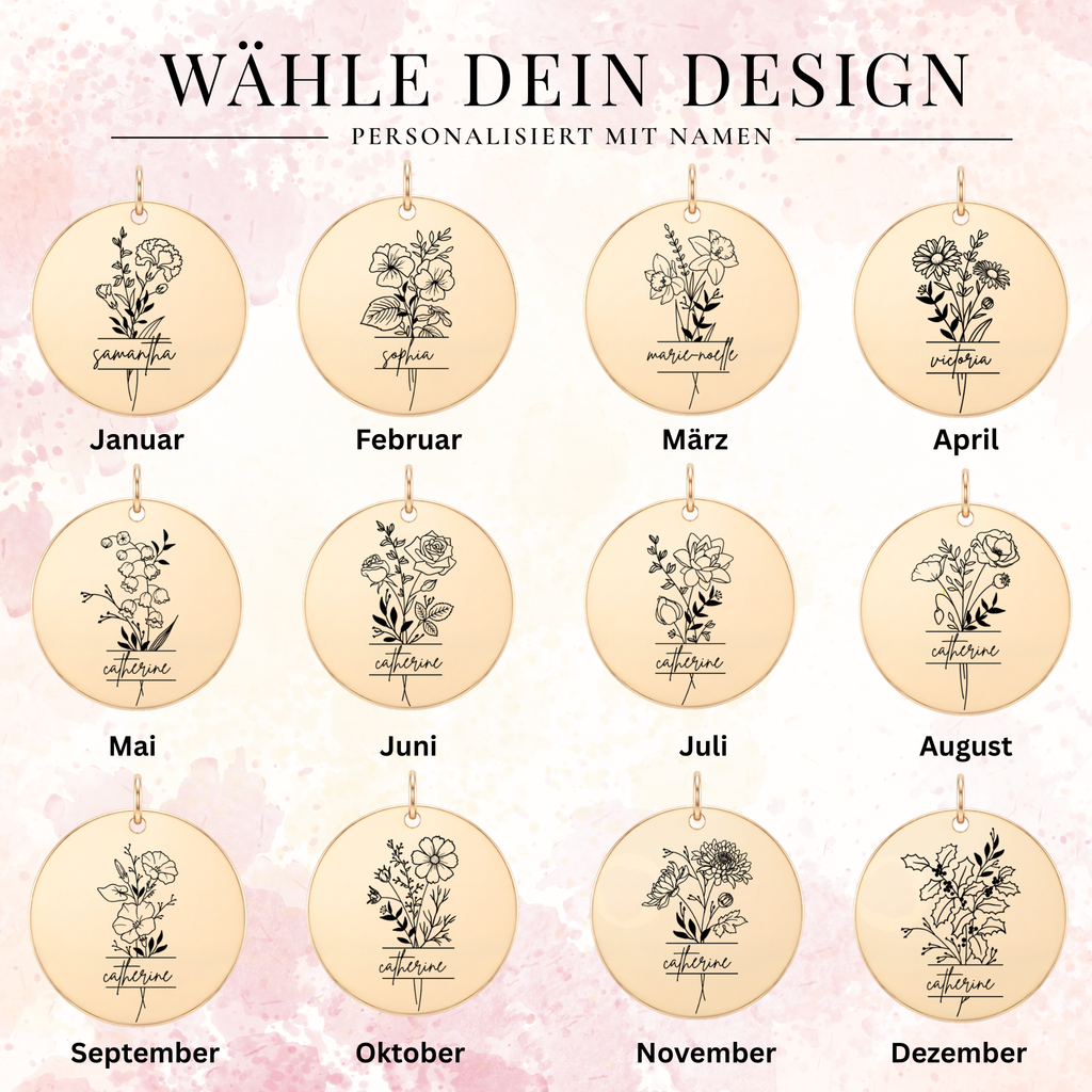 Wähle dein Design – 12 Geburtsblumen-Anhänger mit Name graviert, Januar bis Dezember