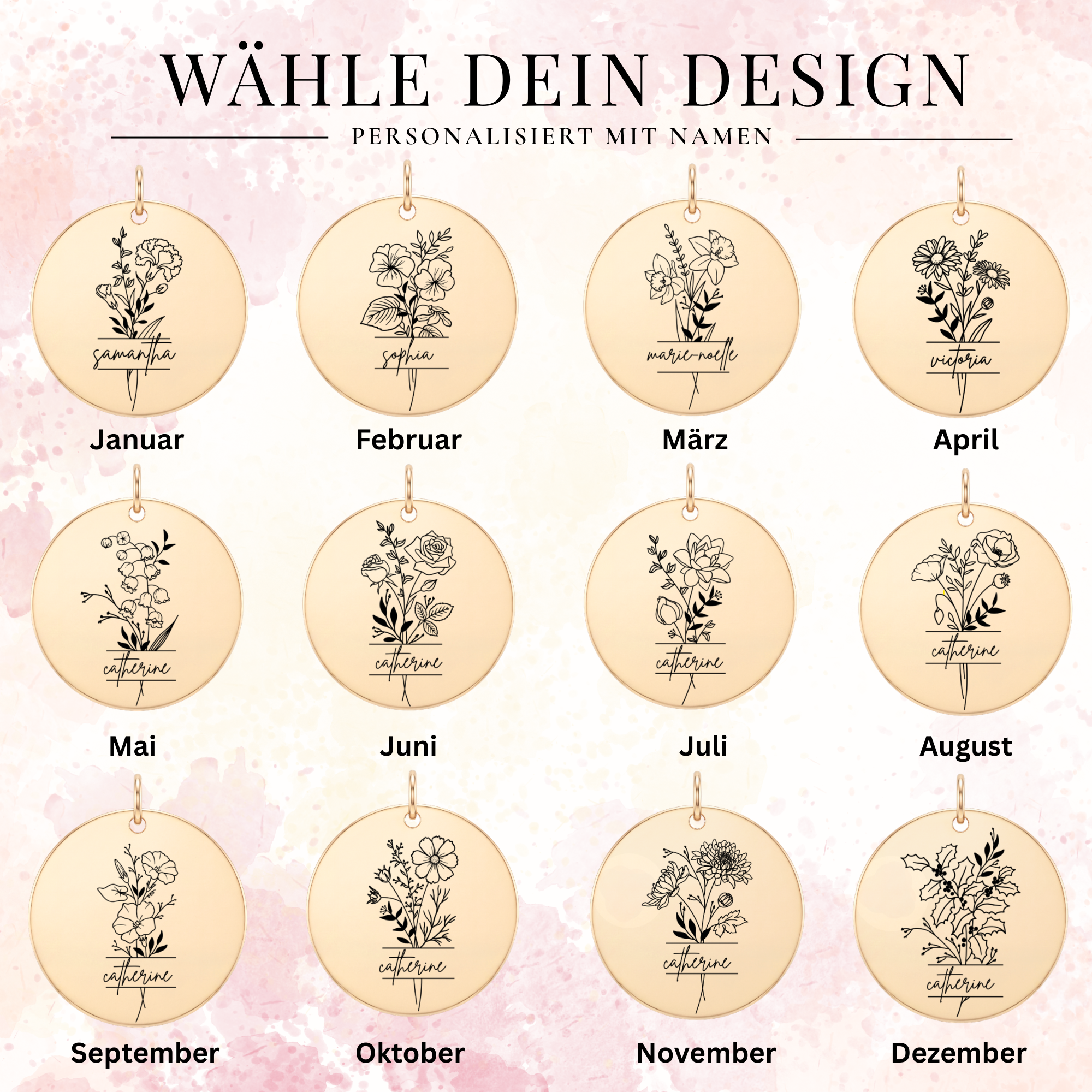 Wähle dein Design – 12 Geburtsblumen-Anhänger mit Name graviert, Januar bis Dezember