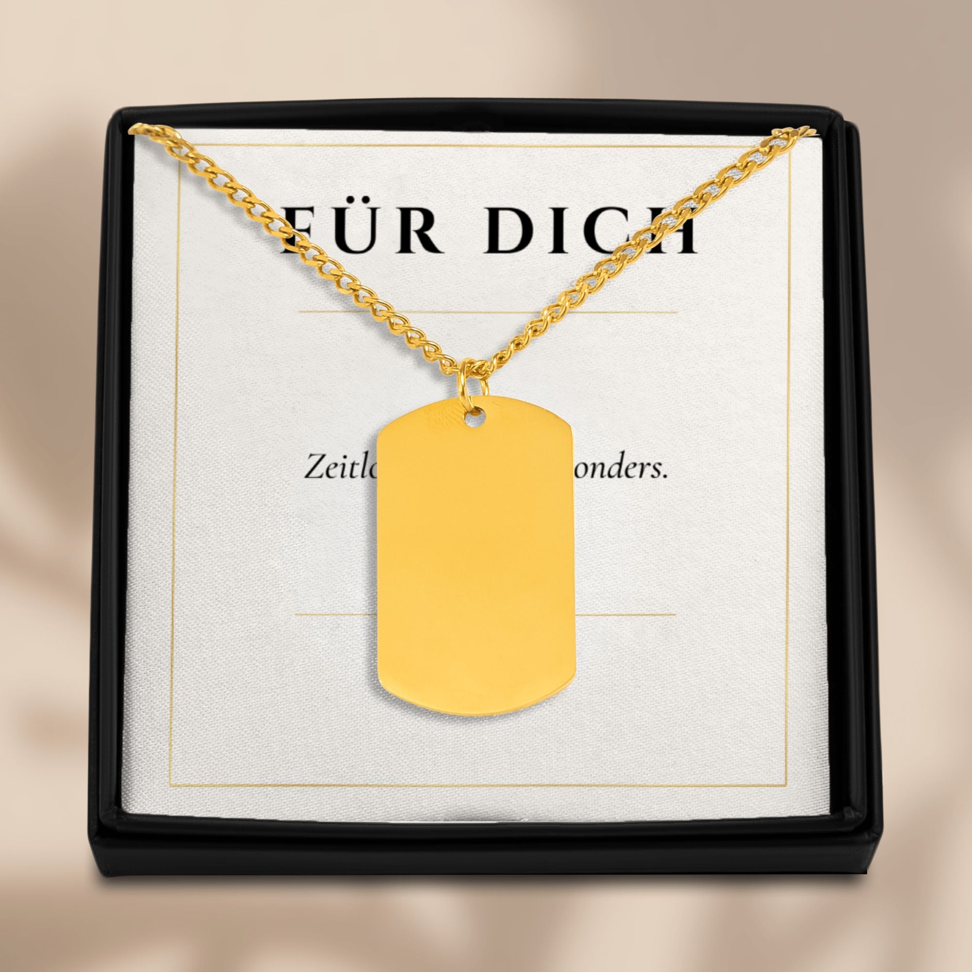 Cuban Tag Halskette Gold in eleganter Schmuckbox – Aufschrift Für Dich, Herrenkette als Geschenk verpackt