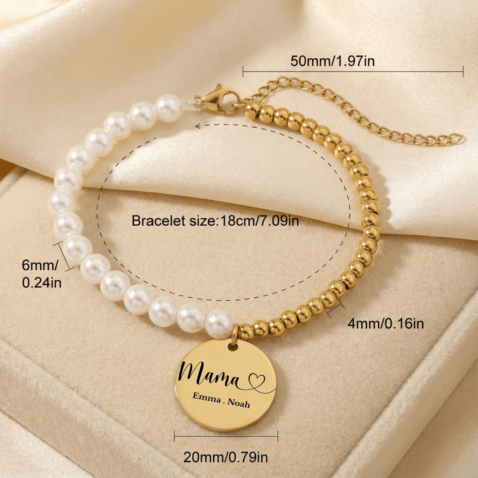 Maßangaben des Perlenarmbands: 18 cm Länge, 6 mm Perlen, 4 mm Goldperlen, 20 mm Anhänger